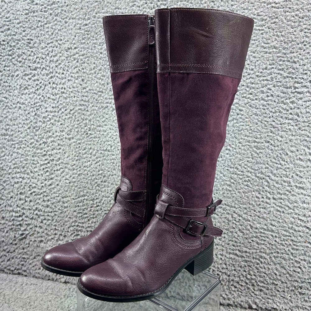 Franco‎ Sarto Leather Suede Knee High Boots 7.5M Maroon Equestrian Riding Buckle